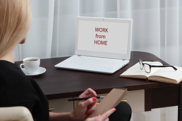 一个自由职业女孩拿着一个记事本做笔记。金发女郎坐在桌子旁工作。居家办公无法分辨的照片。的焦点。空间的拷贝。图片下载