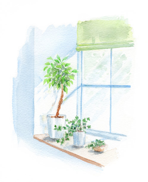 水彩画的凸窗。素材图片