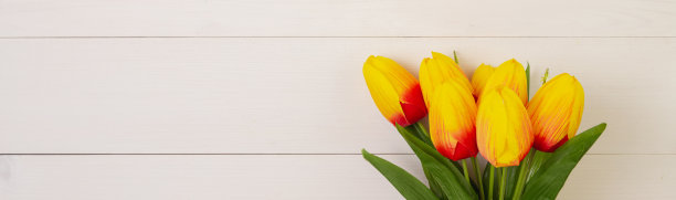 美丽的郁金香花与浪漫的木制背景，母亲节或情人节，春天或夏天的自然装饰，花束鲜花作为礼物的书桌，假日概念，横幅网站。图片下载