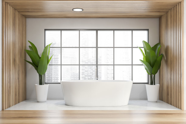 全景白色和木制浴室与浴缸图片下载