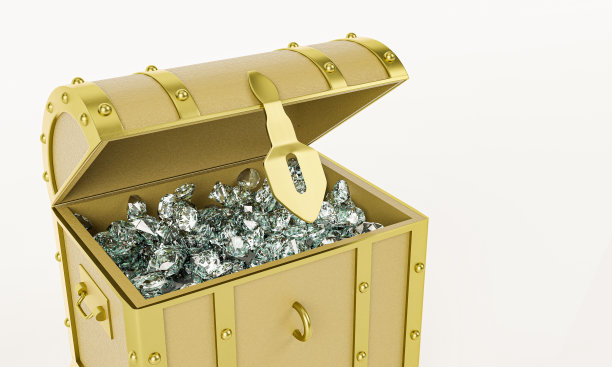 许多钻石在黄金古董宝箱使用宝石存储盒。孤立在白色背景和壁纸上。3 d渲染。图片下载