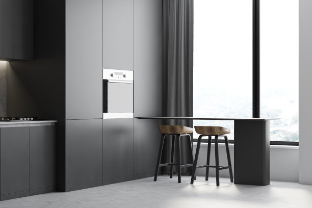 全景灰色厨房角落与酒吧图片下载