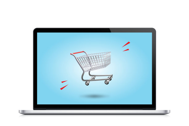 网上购物概念，购物车在笔记本电脑屏幕上图片下载