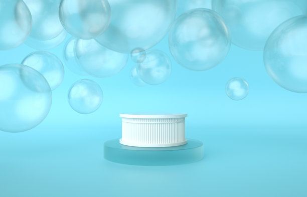 白色基座与玻璃蓝色讲台隔离在蓝色背景与气泡。3 d渲染图图片下载