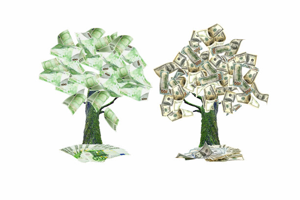 树木用纸币美元和欧元代替树叶图片下载