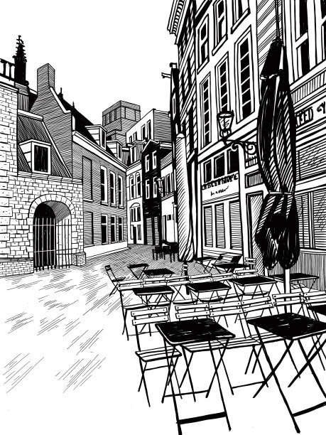 荷兰阿姆斯特丹中央大街上的餐厅。欧洲城市的手绘素描集。图片下载