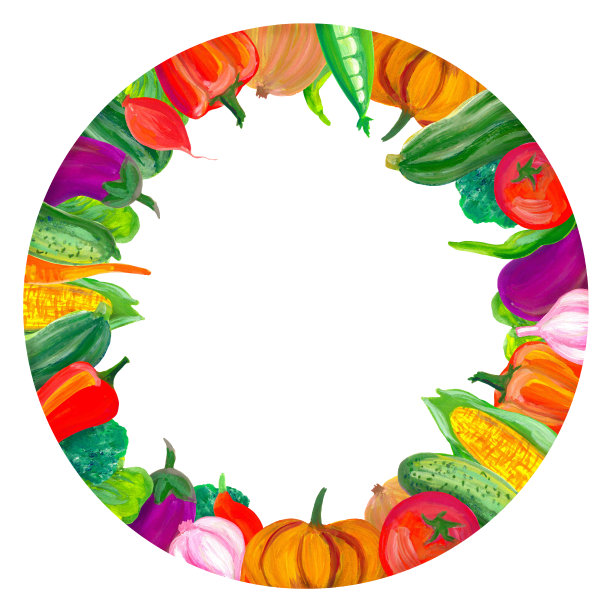 鲜艳的蔬菜框架是用水粉手绘的，用来装饰菜单、名片、橱窗、纺织品和明信片。辣椒，茄子，西葫芦，黄瓜，大蒜。文本的地方图片下载