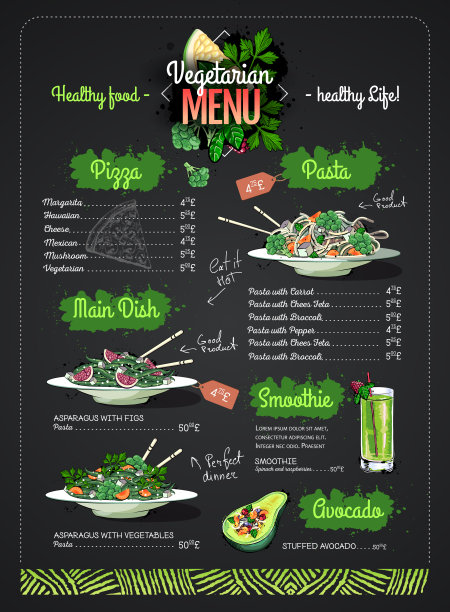 粉笔画素食菜单设计与素食餐。餐厅的菜单图片下载