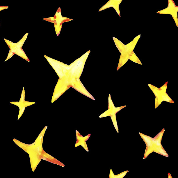 黄色和橙色水彩星无缝模式上的黑色背景。无尽的星系恒星设计。空间说明。图片下载