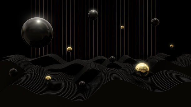 黑色和金色抽象波浪背景，3D渲染。图片下载