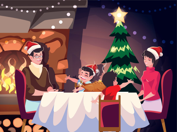 家庭在餐厅圣诞夜的场景图片下载