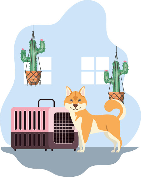 可爱的狗吉祥物与运输箱在房子里图片下载