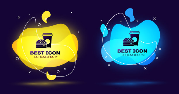 黑咖啡和汉堡图标孤立在蓝色图片下载