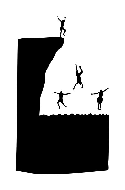 男孩们从悬崖上跳入水中剪影图片下载