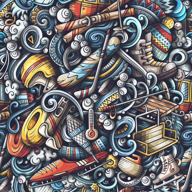 冬季运动手绘涂鸦无缝图案图片下载