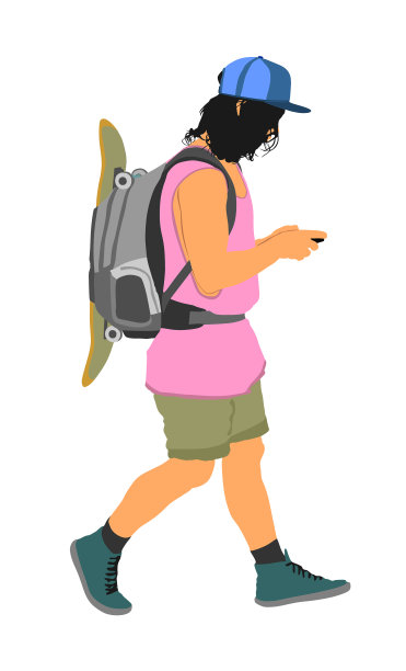 游客背包和滑板行走图片下载