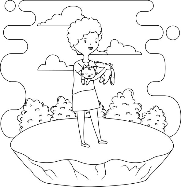 女孩与猫卡通设计图片下载