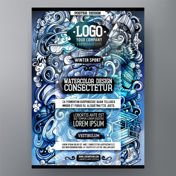 冬季运动涂鸦海报设计滑雪胜地图片下载