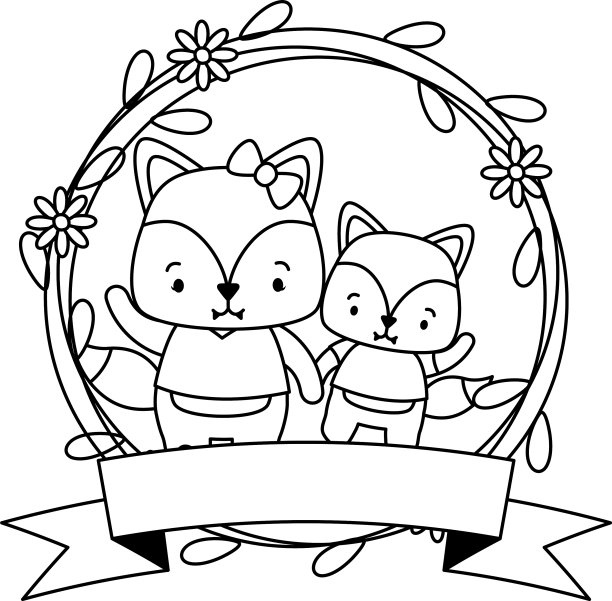 可爱的一对狐狸动物花环花图片下载