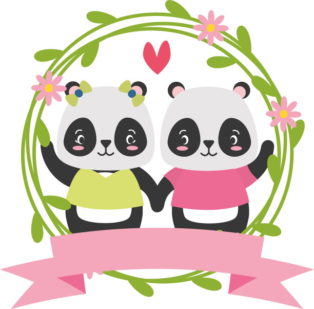 可爱的熊猫夫妇动物花环花图片下载