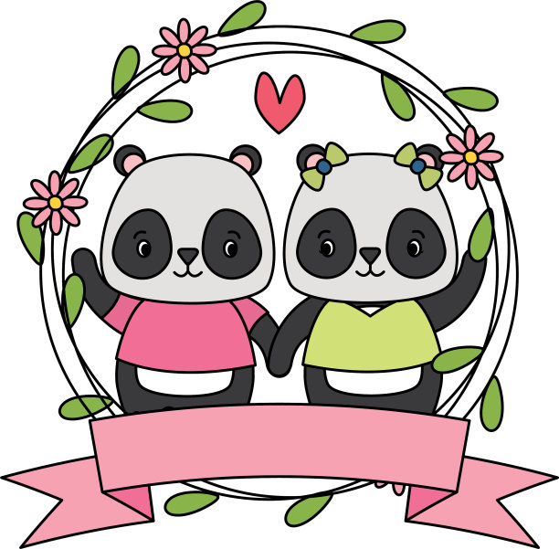 可爱的熊猫夫妇动物花环花图片下载