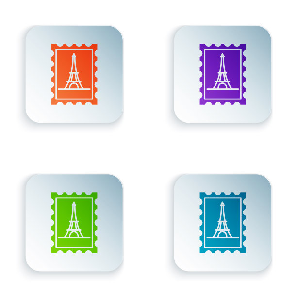 彩色邮票与埃菲尔铁塔图标隔离图片下载
