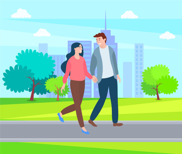 牵手走在卡通风格的户外图片下载