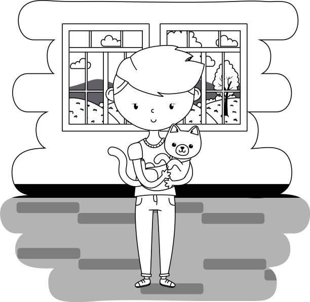 男孩与猫卡通设计图片下载