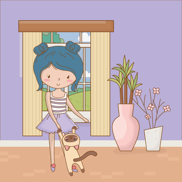 女孩与猫卡通设计图片下载