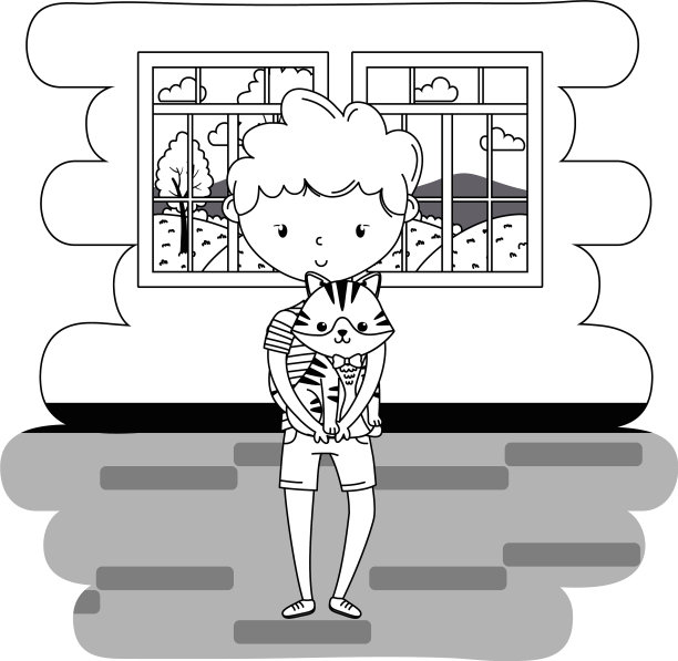 男孩与猫卡通设计图片下载
