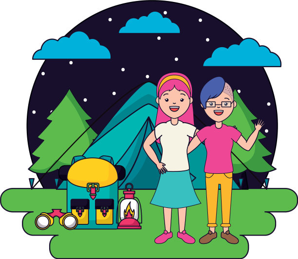 女人露营帐篷背包提灯图片下载