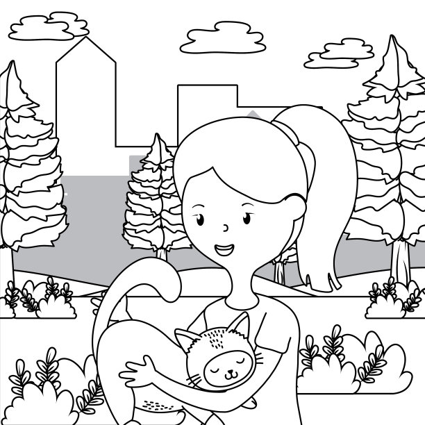 女孩与猫卡通设计图片下载