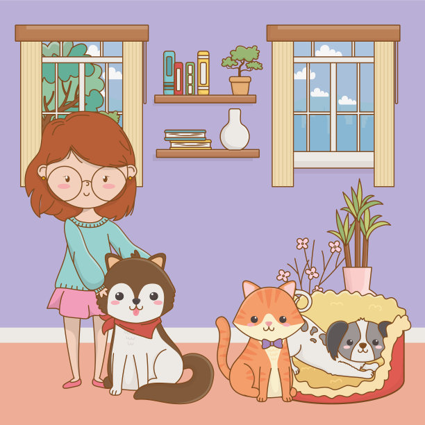 女孩与猫和狗的卡通设计图片下载