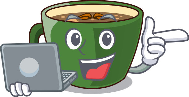 带着笔记本电脑的卡通杯子装着印度马沙拉茶图片下载