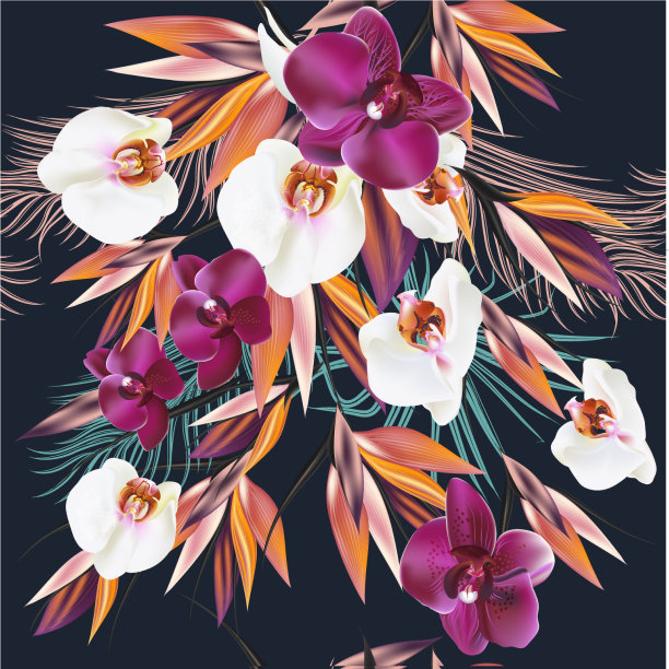 在热带主题的棕榈树和兰花上无缝衔接图片下载