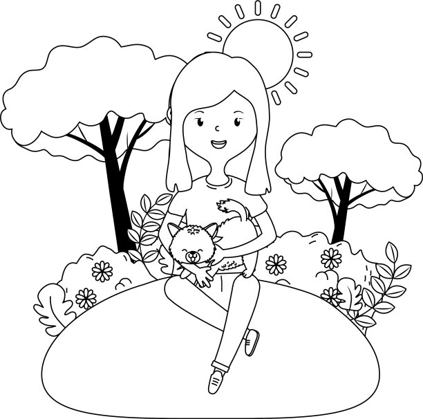 女孩与猫卡通设计图片下载