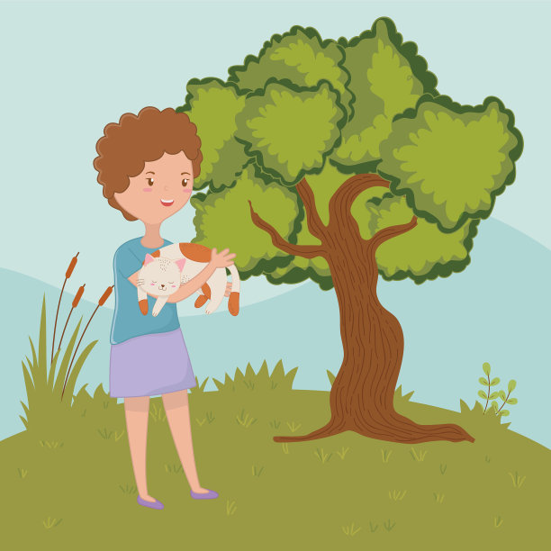 女孩与猫卡通设计图片下载