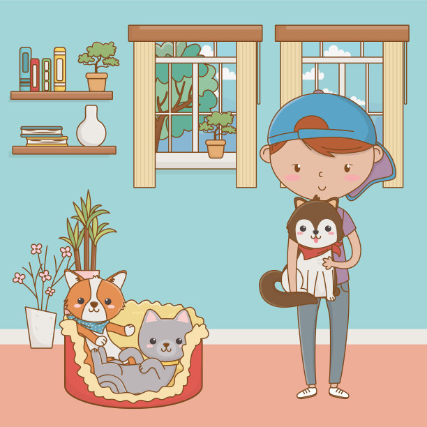 男孩与猫和狗卡通设计图片下载