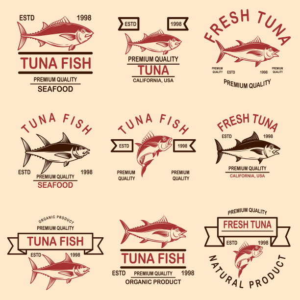集海鲜金枪鱼标签设计元素为一体图片下载