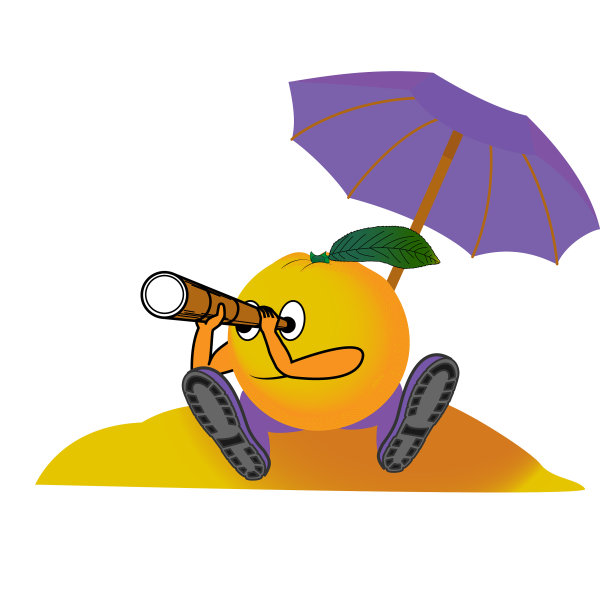橙色的卡通在沙滩上的一把伞下图片下载