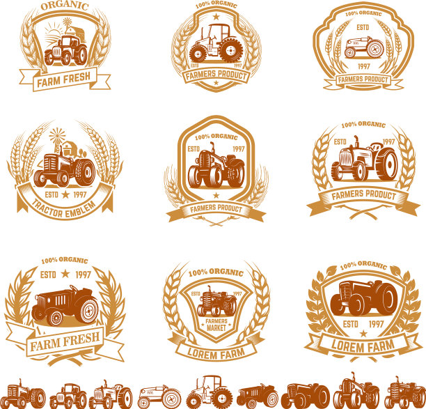 一套复古农民的标志与拖拉机图片下载