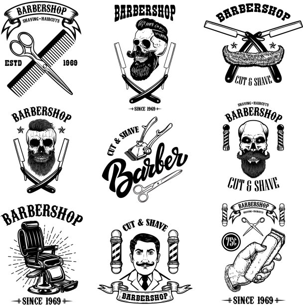 一套老式理发店的标志，徽章和图片下载