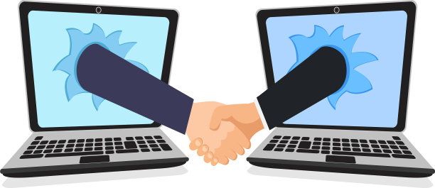 握手越过两台显示器笔记本电脑图片下载