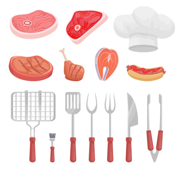 烧烤设置烧烤设备和肉类图标图片下载