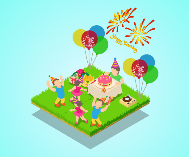 生日派对概念横幅等距风格图片下载