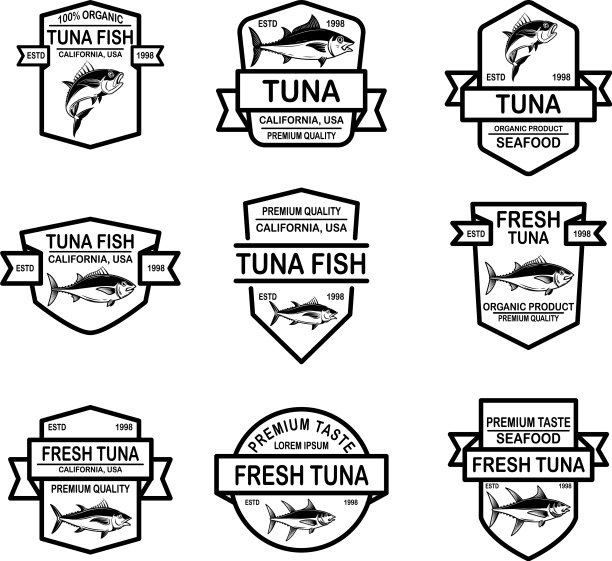 集海鲜金枪鱼标签设计元素为一体图片下载