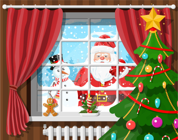 圣诞老人和雪人在客厅的窗户里图片下载