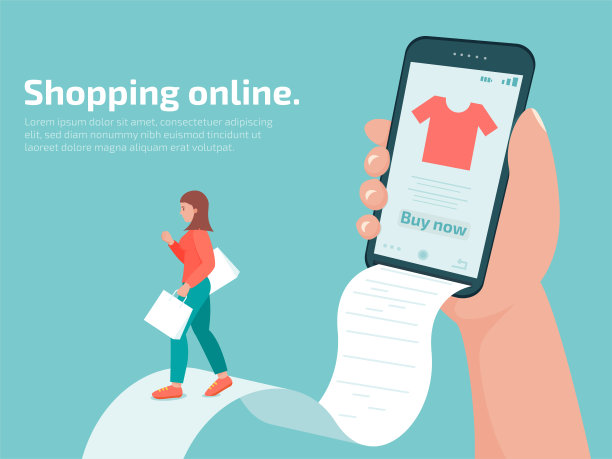 女人拿着包走在账单上购物与网上商店在智能手机。图片下载