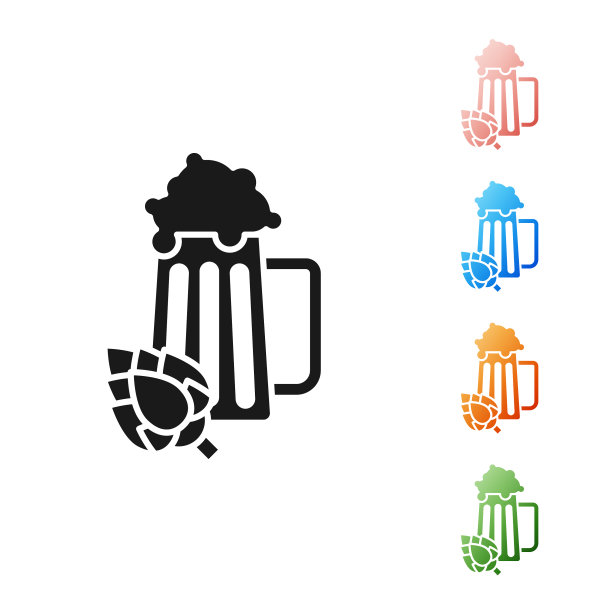 黑玻璃啤酒和啤酒花图标孤立在白色图片下载