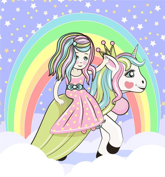 可爱的卡通女孩和独角兽图片下载